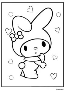 My Melody with bow and hearts coloring sheet