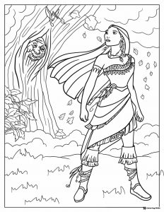 Native Princess Coloring Sheet with Forest and Spirit Tree