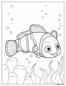 Nemo Coloring Page swimming with bubbles and coral