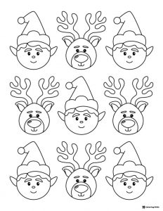Nine Elf and Reindeer Faces Coloring Sheet