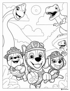 PAW Patrol Dino Rescue Coloring Page with Dinosaurs and Pups
