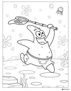 Patrick Star jellyfish hunting Coloring Page