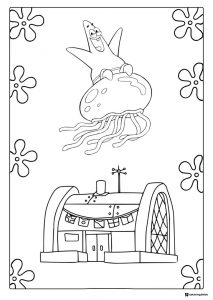 Patrick riding jellyfish above Krusty Krab Coloring Page