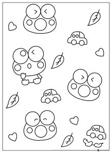 Pattern of Keroppi cars hearts and leaves coloring sheet