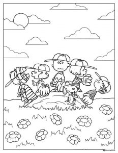 Peanuts gang playing baseball with Snoopy Coloring Page
