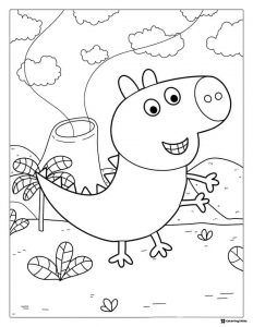 Peppa Pig Coloring Page George as a dinosaur by a volcano