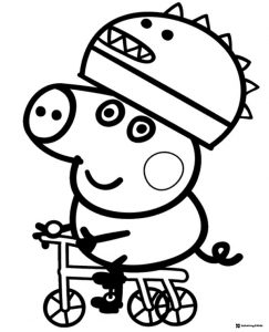 Peppa Pig Coloring Page George riding his bike in a dinosaur helmet