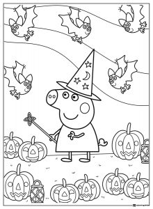 Peppa Pig Coloring Page Peppa Witch among pumpkins and bats