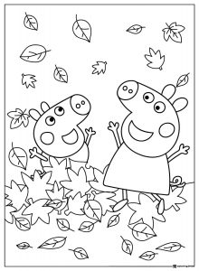 Peppa Pig Coloring Page Peppa and George playing in leaves