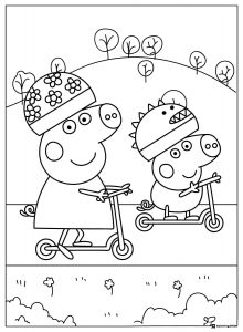 Peppa Pig Coloring Page Peppa and George riding scooters