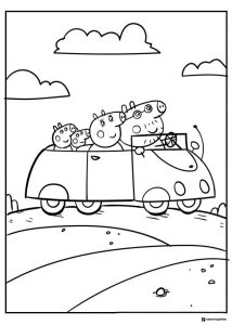 Peppa Pig Coloring Page Peppas family in a car
