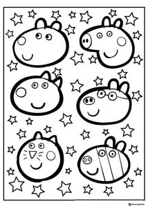 Peppa Pig Coloring Page main characters faces