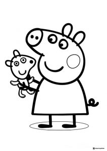 Peppa Pig Coloring Sheet Peppa Pig holding a small teddy