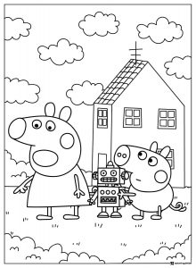 Peppa Pig Coloring Sheet Peppa and George with a robot doll