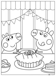 Peppa Pig Coloring Sheet Peppa and friend with a birthday cake