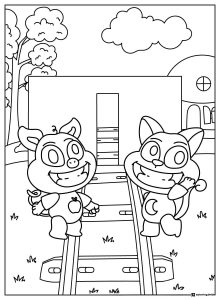 Piggy and Catnap on train tracks Coloring Page