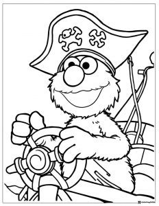 Pirate Elmo steering a ship coloring page