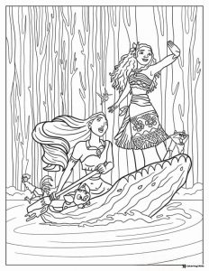 Pocahontas and Moana on Log Coloring Page