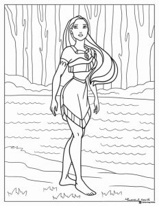 Pocahontas by River in Forest Coloring Page