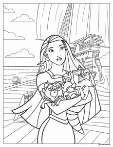 Pocahontas on Ship with Animals Coloring Page