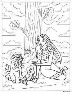 Pocahontas with Animals Under Tree Coloring Page