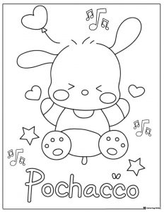 Pochacco with Hearts and Music Notes Coloring Page