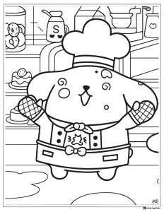 Pompompurin Coloring Page dressed as a chef in a kitchen