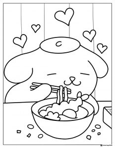 Pompompurin Coloring Page eating noodles with chopsticks