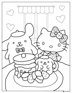 Pompompurin Coloring Page eating pancakes with Hello Kitty