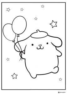 Pompompurin Coloring Page holding balloons with stars