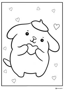 Pompompurin Coloring Page holding heart with floating hearts