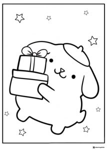 Pompompurin Coloring Page holding stacked gifts and stars