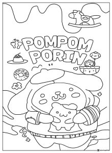 Pompompurin Coloring Page hugging a bear with treats and toys