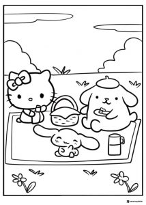 Pompompurin Coloring Page on picnic with Hello Kitty and Cinnamoroll