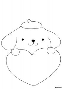 Pompompurin Coloring Page peeking over a big heart