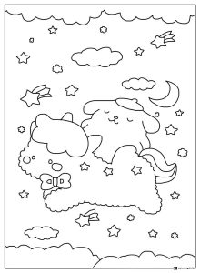 Pompompurin Coloring Page sleeping on a cloud with friends