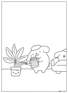 Pompompurin Coloring Page watering a potted plant