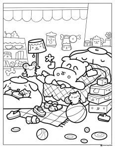 Pompompurin Coloring Page with a full room of items and friends