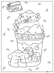 Pompompurin Coloring Page with large dessert and floating droplets