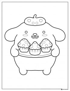 Pompompurin Coloring Sheet holding three cupcakes
