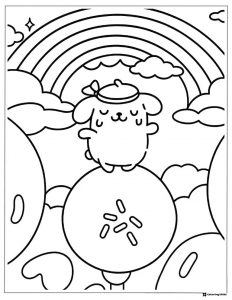 Pompompurin Coloring Sheet on a mushroom with a rainbow