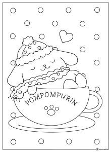 Pompompurin Coloring Sheet sleeping in a teacup
