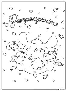 Pompompurin Coloring Sheet surrounded by hearts and tiny friends