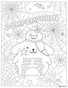 Pompompurin Halloween coloring page in skeleton costume