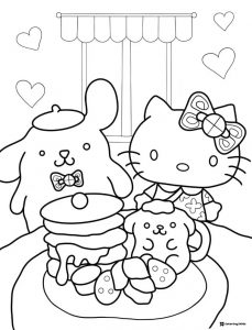 Pompompurin and Hello Kitty coloring page with pancakes