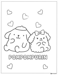 Pompompurin and friend coloring page with hearts