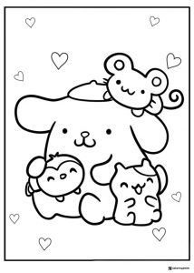 Pompompurin and friends coloring page with hearts