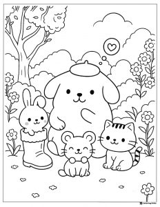 Pompompurin and friends in a garden coloring sheet