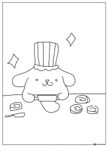 Pompompurin baking coloring page with rolling pin and dough