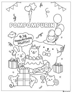 Pompompurin birthday coloring page with cake and gifts